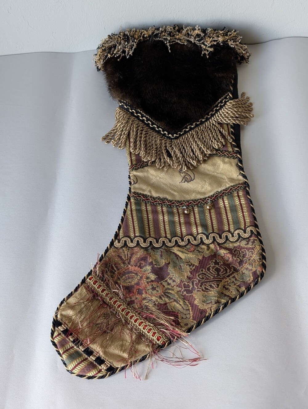 Vintage Ornate Brown Black Faux Fur Holiday Stocking with Tassel Trim